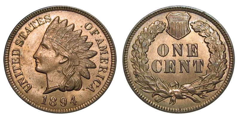 1894 Indian Head penny obverse and reverse showing Liberty portrait with feathered headdress and shield reverse