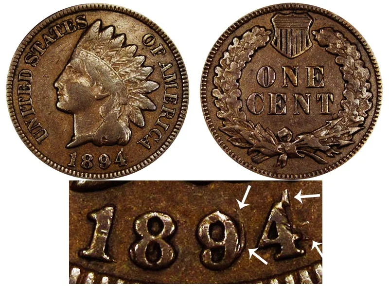Side-by-side comparison of normal 1894 Indian Head penny date vs. 1894/1894 Doubled Date variety showing secondary date impression shifted northeast