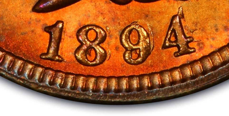 Close-up of 1894 Indian Head penny Doubled Date FS-301 showing bold secondary date impression shifted northeast on all four digits