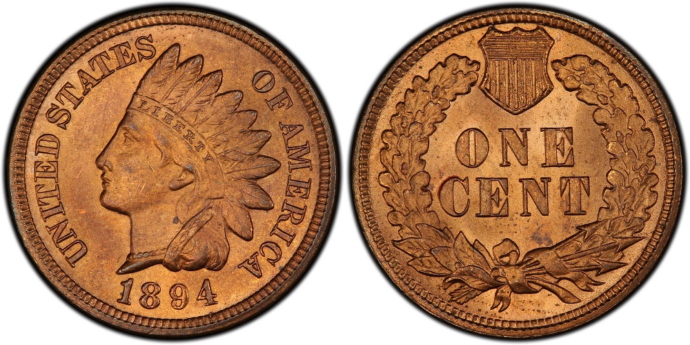 Close-up of 1894 Indian Head penny MPD FS-402 Snow-2 showing misplaced date digits visible in denticles below the primary date
