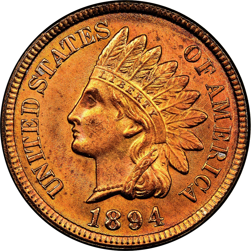1894 Indian Head penny in gem uncirculated MS-65 Red condition showing blazing original copper-red mint luster on both obverse and reverse