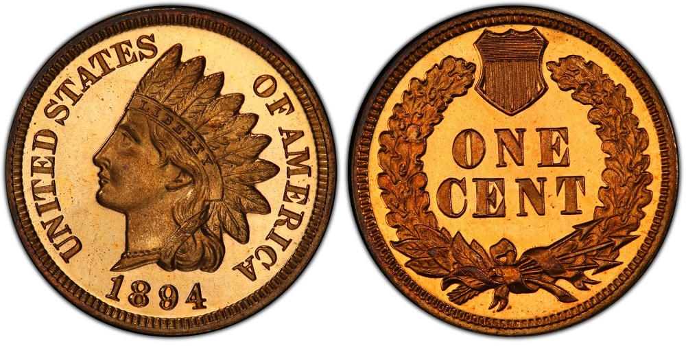 Grading strip showing 1894 Indian Head penny in four condition tiers: worn Good, Fine VF, About Uncirculated AU, and Uncirculated MS